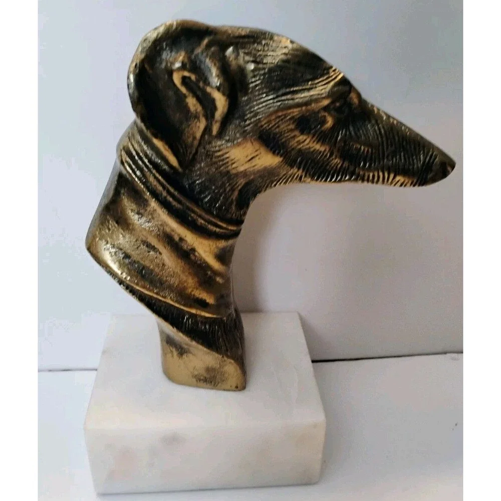 Vintage Brass Greyhound Whippet Dog Bust White Marble Base Statue Bookend 9